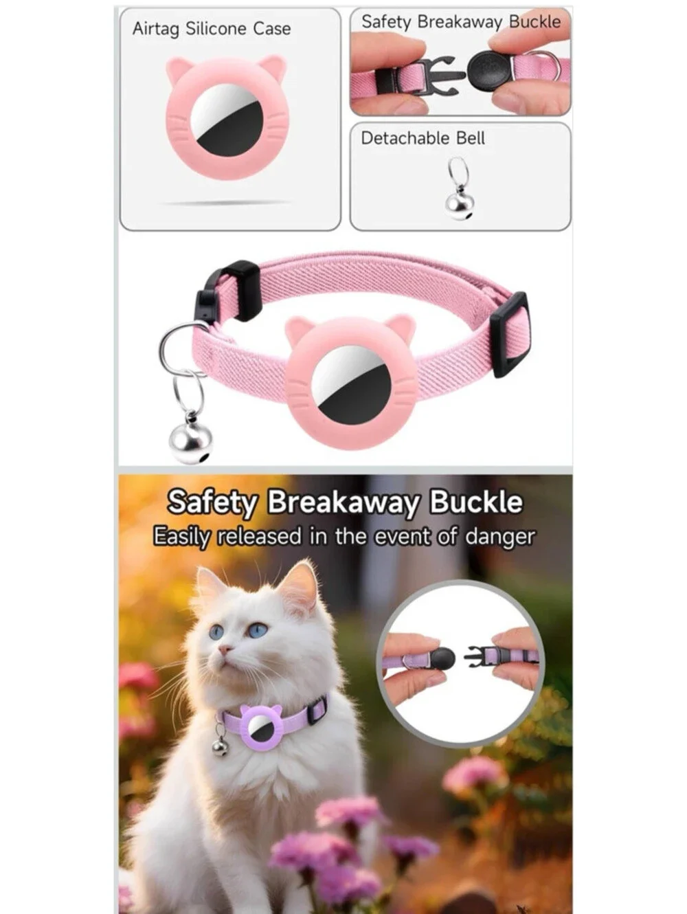 2pc Adjustable Cat Collar with AirTag Holder 2 Pack Silicone Cat Head Case Bell